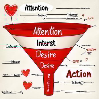 A funnel diagram labeled “Attention,” “Interest,” “Desire,” and “Action,” humorously portrayed as a dating timeline from first glance to commitment-1