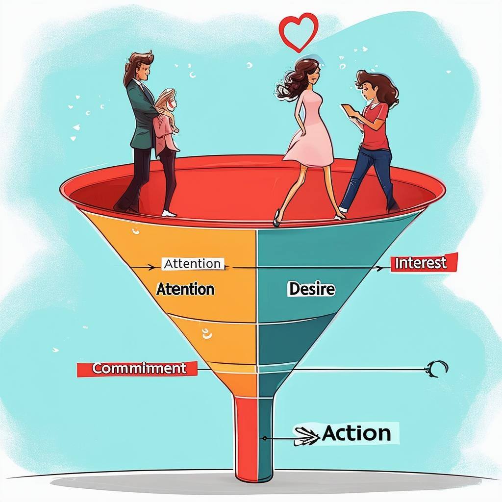 A funnel diagram labeled “Attention,” “Interest,” “Desire,” and “Action,” humorously portrayed as a dating timeline from first glance to commitment