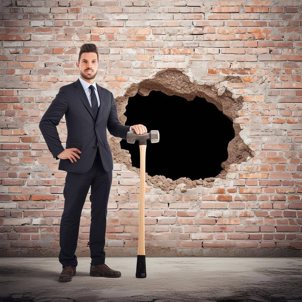 Business man with a sledge hammer at his side standing straight and slightly to the left of a medium sized hole in a brick wall-1