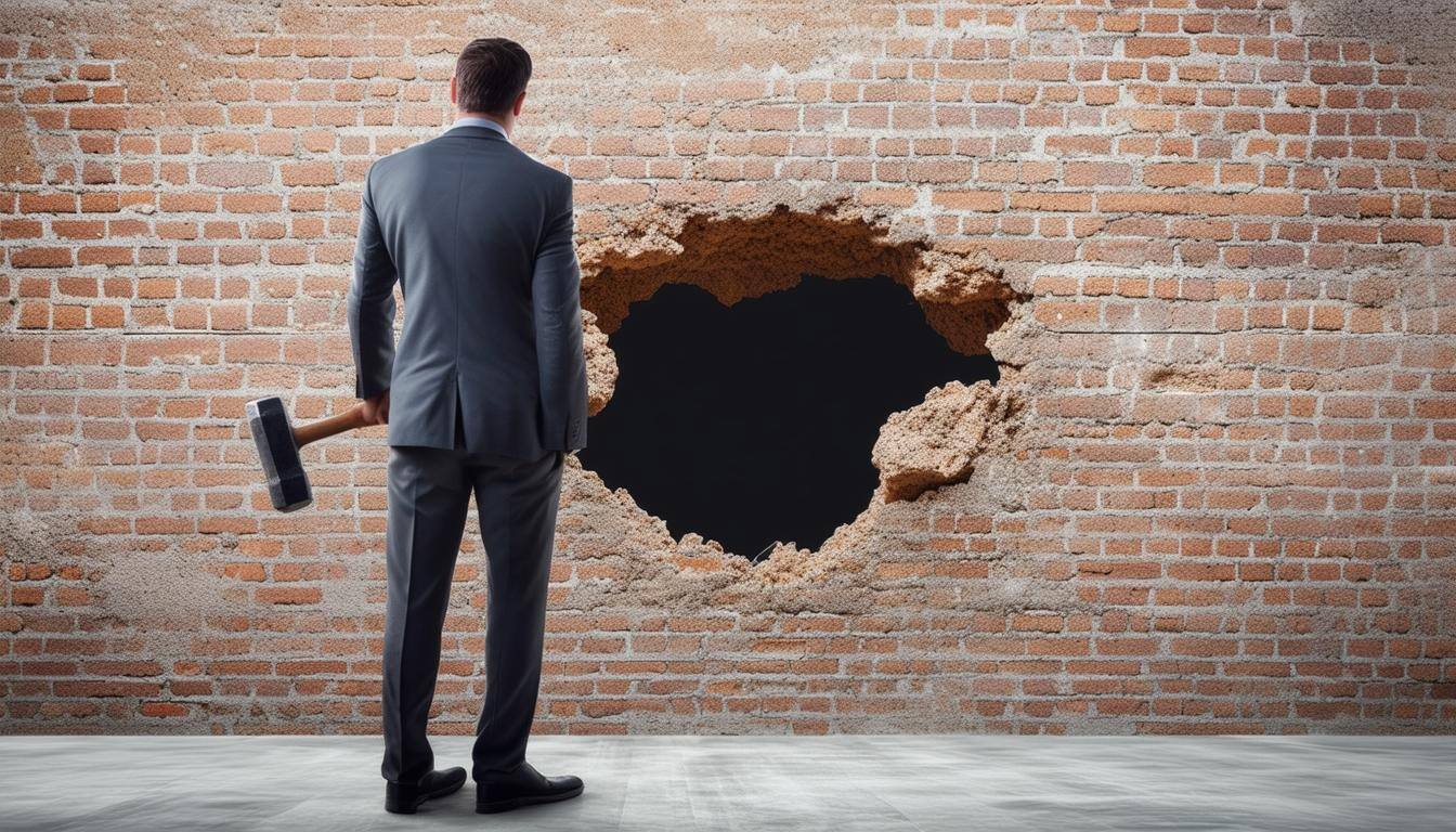 Business man with a sledge hammer at his side standing straight and slightly to the left of and facing a medium sized hole in a brick wall