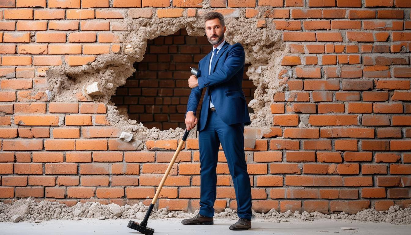 Business man with sledge hammer standing infront of a brick wall with large hole in it