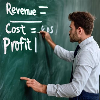 Confused business owner trying to solve A simple equation on a chalkboard Revenue Cost Profit